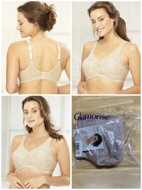 Glamorise 36C MAGIC LIFT Bra ~ All Over Lace Overlay ~ Smooths SUPPORT Nude NEW